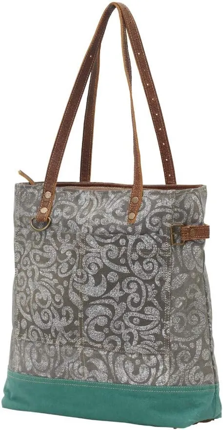 Gypsy Twin Abstract Floral Print Upcycled Canvas Leather Trim Tote Bag