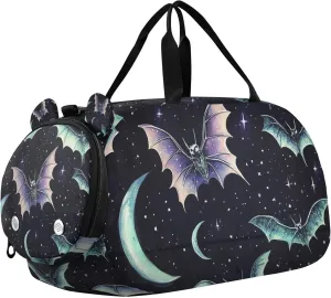 Halloween Bats and Moths Moon Duffle Bag for Kids Girls Boys, Sports Gym Bag with Shoe Compartments, Kids Travel Overnight Weekender Shoulder Bag