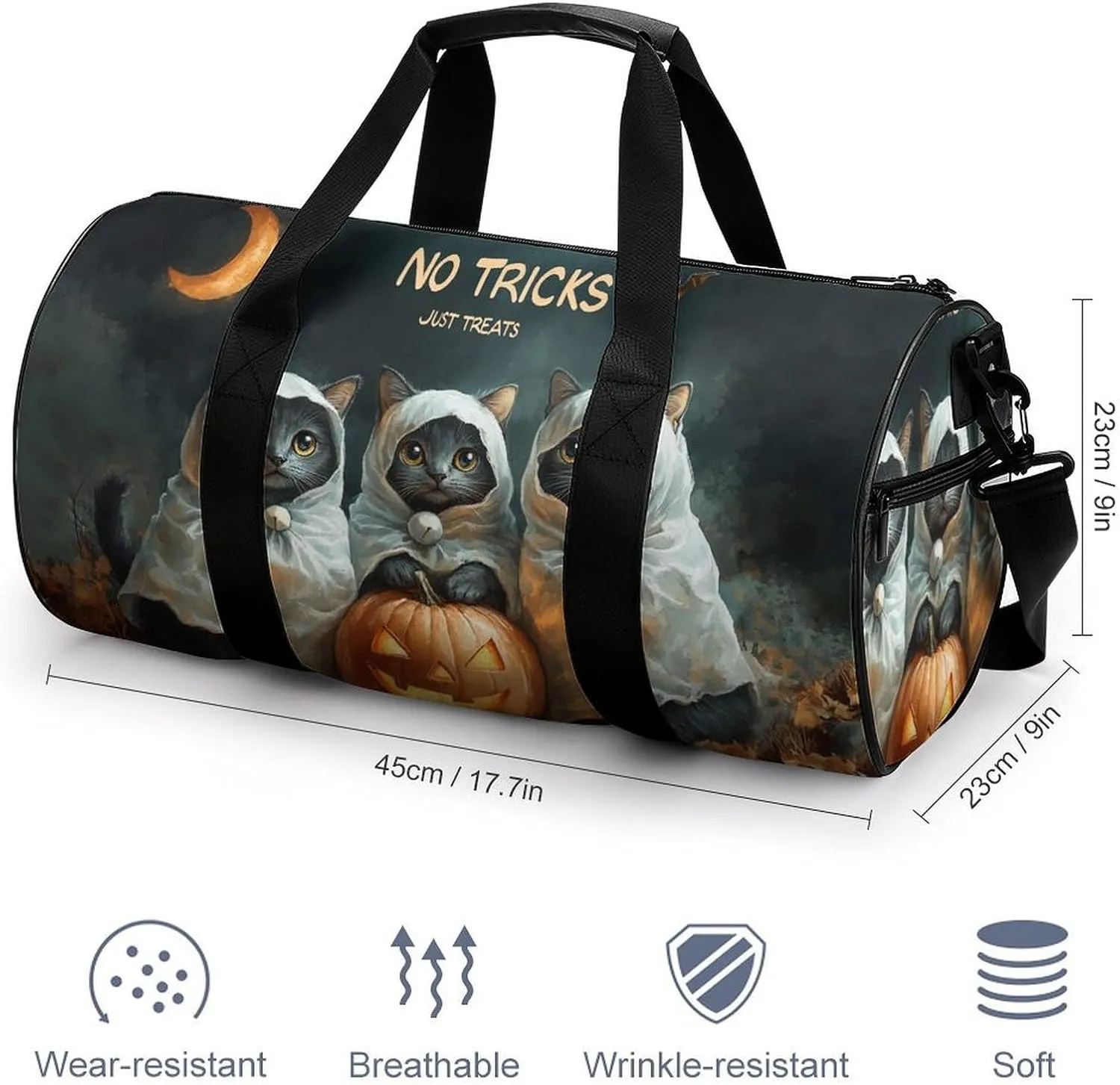 Halloween Four Cute Black Cats Dressed As Ghosts Travel Gym Bag for Women Men NO TRICKS JUST TREATS Cylindrical Duffle Bag Sport Workout Bag with Shoulder Strap
