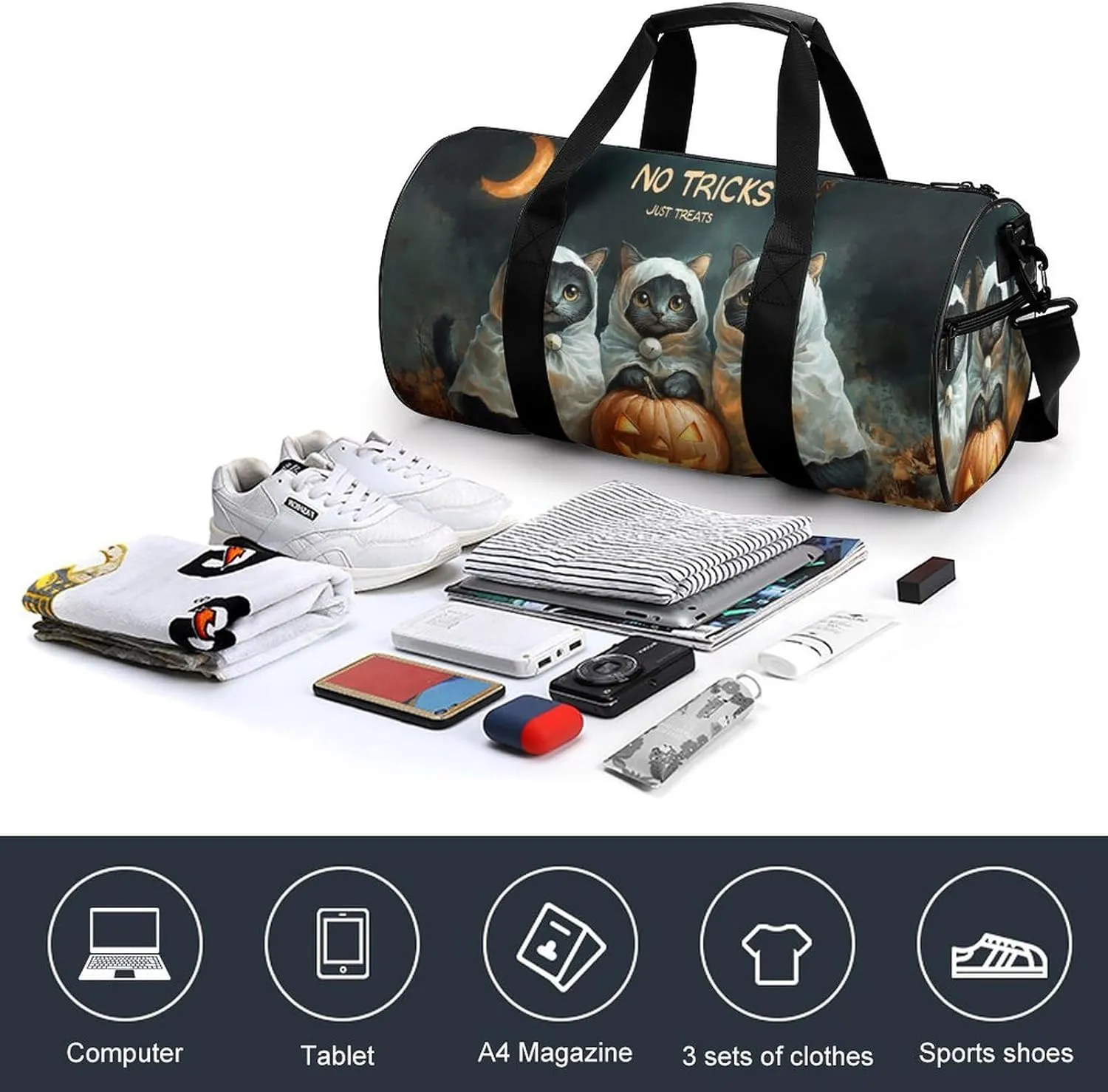 Halloween Four Cute Black Cats Dressed As Ghosts Travel Gym Bag for Women Men NO TRICKS JUST TREATS Cylindrical Duffle Bag Sport Workout Bag with Shoulder Strap