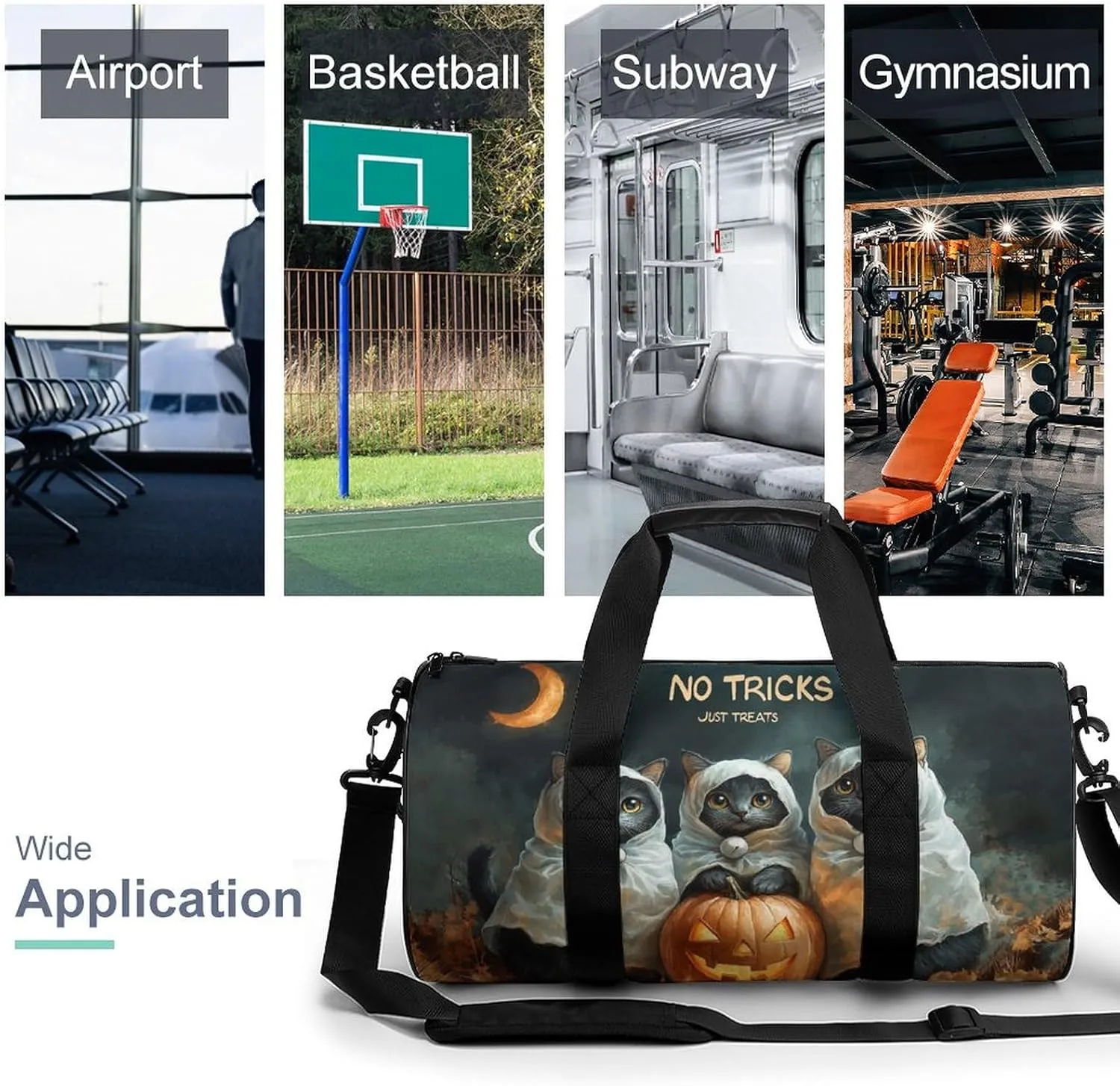 Halloween Four Cute Black Cats Dressed As Ghosts Travel Gym Bag for Women Men NO TRICKS JUST TREATS Cylindrical Duffle Bag Sport Workout Bag with Shoulder Strap