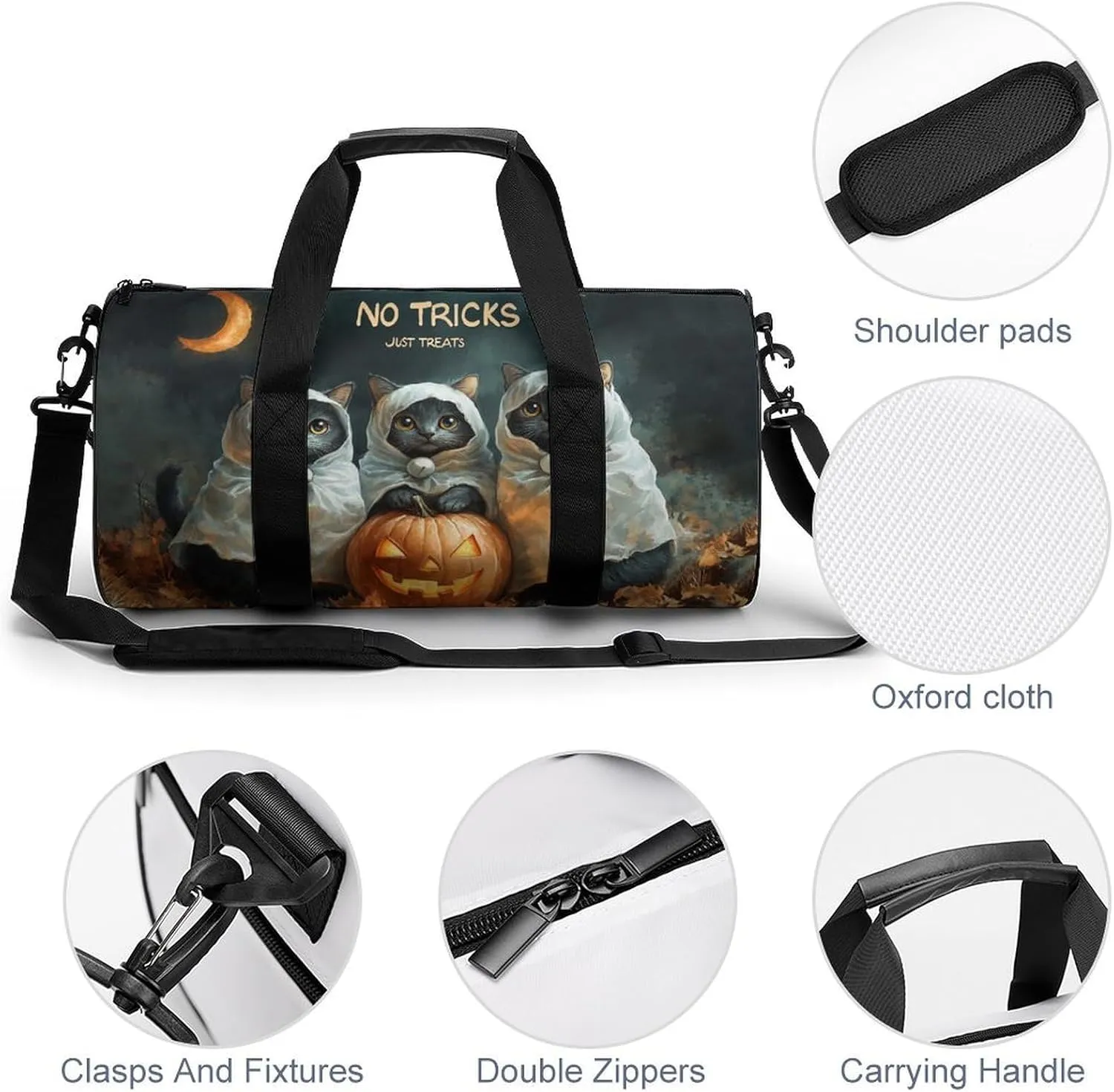 Halloween Four Cute Black Cats Dressed As Ghosts Travel Gym Bag for Women Men NO TRICKS JUST TREATS Cylindrical Duffle Bag Sport Workout Bag with Shoulder Strap