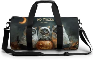 Halloween Four Cute Black Cats Dressed As Ghosts Travel Gym Bag for Women Men NO TRICKS JUST TREATS Cylindrical Duffle Bag Sport Workout Bag with Shoulder Strap
