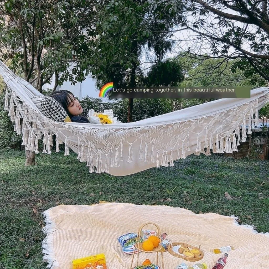 Hamock Tassel Outdoor Camping Hammock Outdoor Single Double Camping Swing Adult Thick Canvas Leisure Homestay Hanmock(Large)