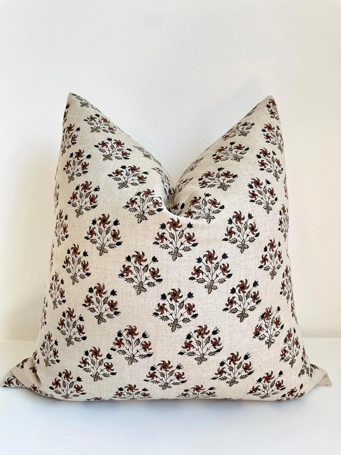 Hand Block Print Pure Linen Throw Pillow Cover: Handmade Vintage Cushion Cover (Amber) (20x20)