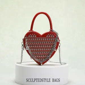 Handbag Crossbody bag, punk style double-sided rivets, cute heart-shaped single shoulder back, heart-shaped chain strap
