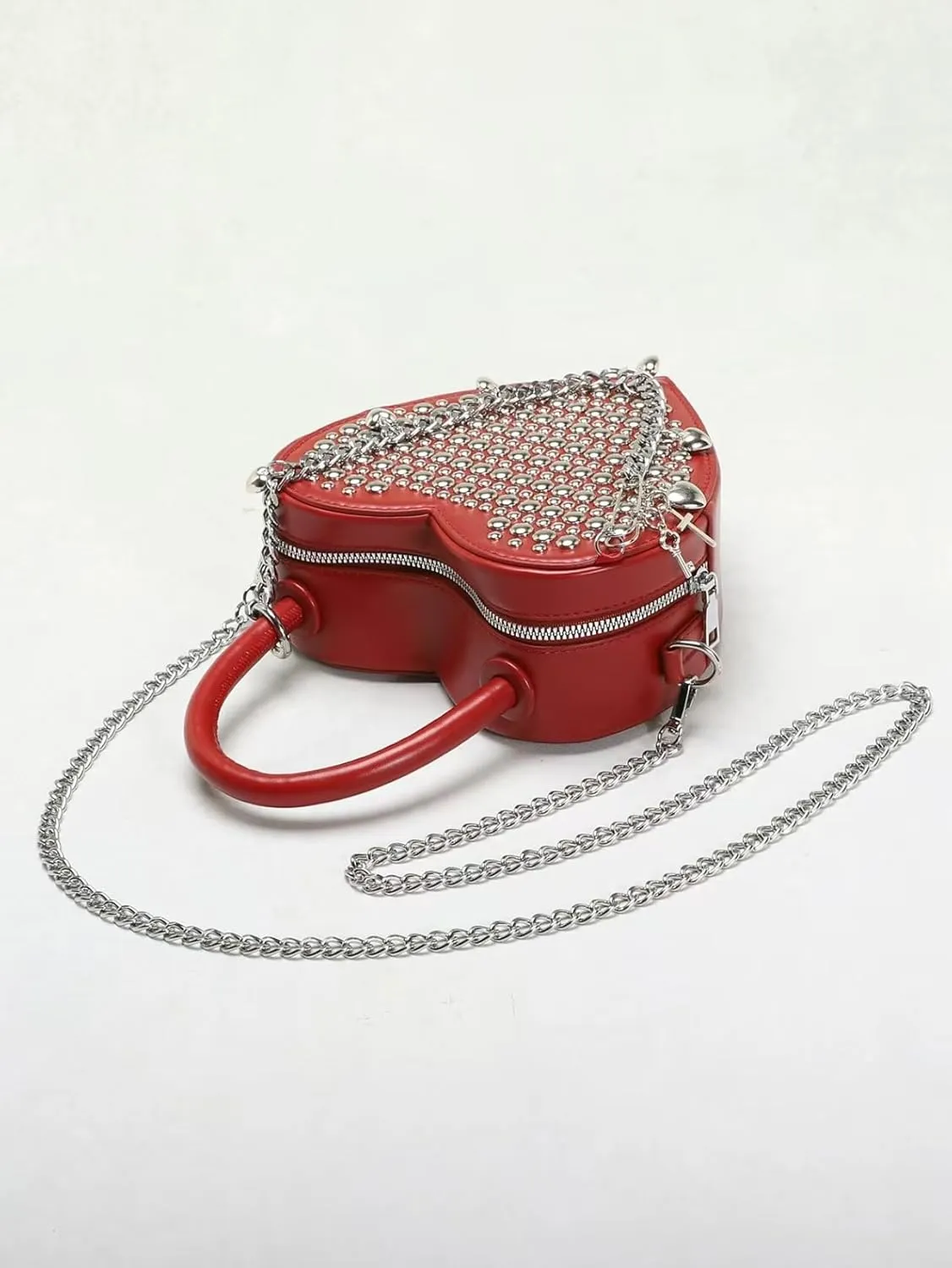 Handbag Crossbody bag, punk style double-sided rivets, cute heart-shaped single shoulder back, heart-shaped chain strap