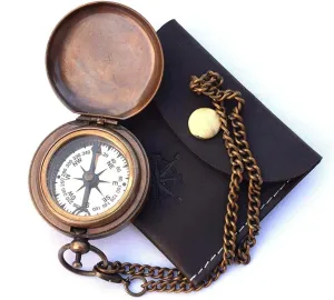 Handmade Nautical Brass Push Open Compass On Chain with Leather Case, Pocket Compass, Gift Compass Rustic Vintage Home Decor Gifts