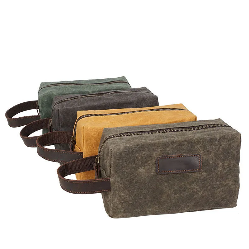 Handmade Vintage Plaid Zipper Wax Canvas Men’s Toiletry Bag