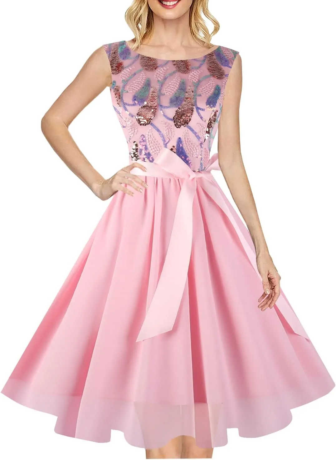 Hanpceirs Women's Boatneck Sleeveless Prom Wedding Guest Bridesmaid Dresses Cocktail Dress