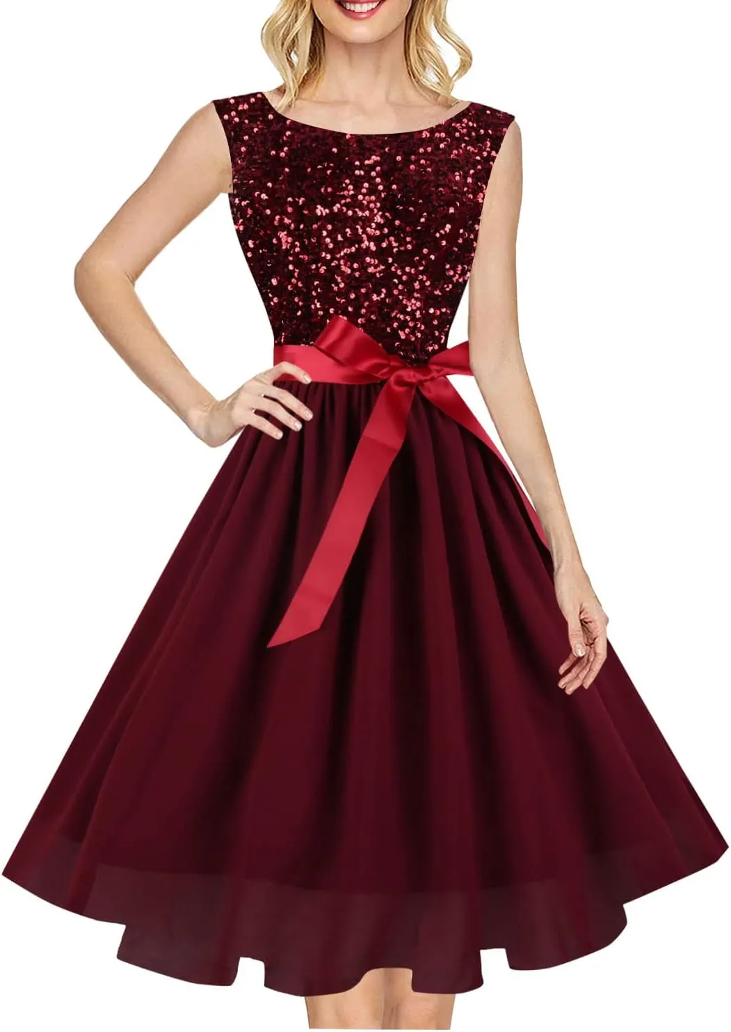Hanpceirs Women's Boatneck Sleeveless Prom Wedding Guest Bridesmaid Dresses Cocktail Dress