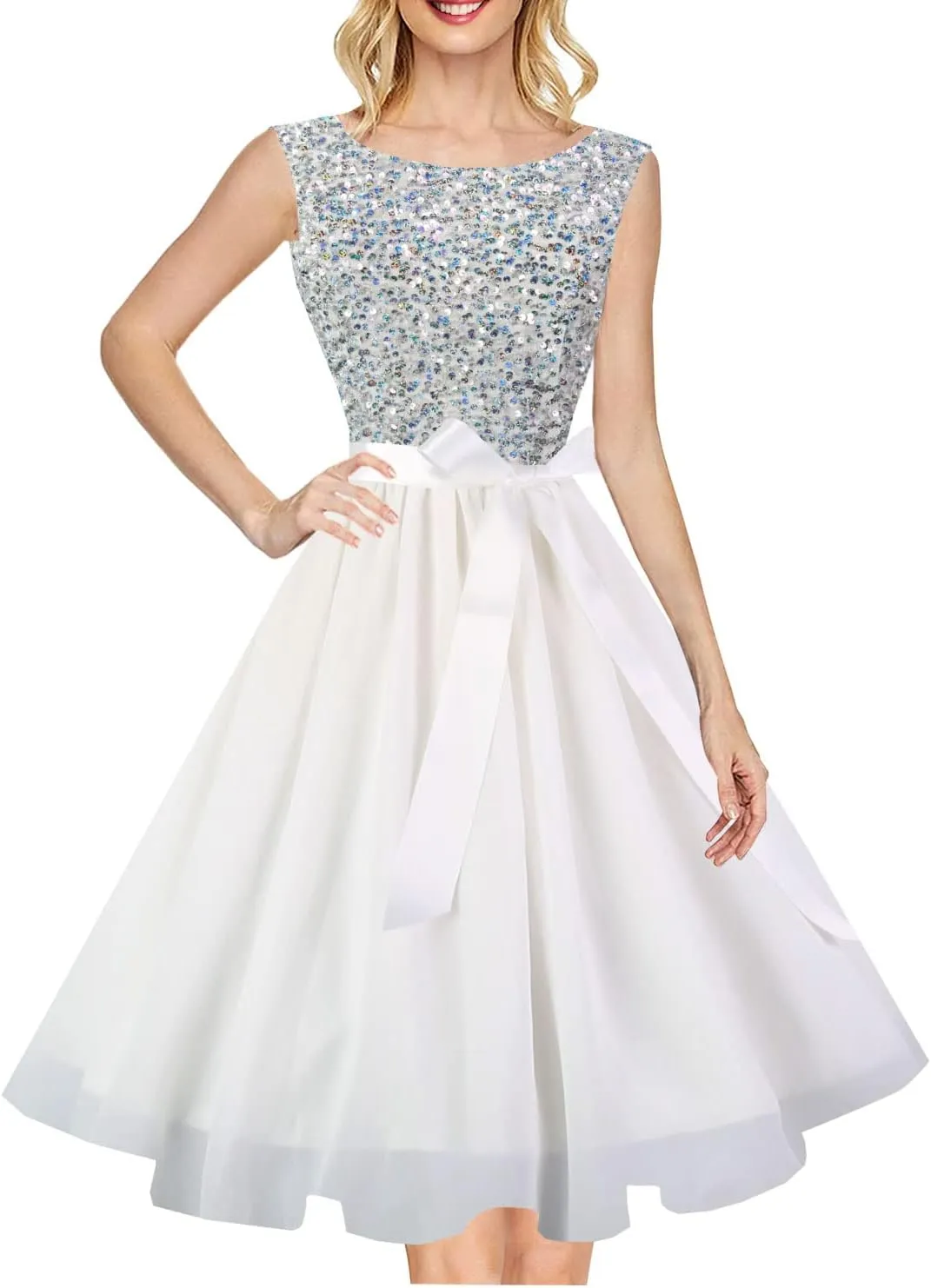 Hanpceirs Women's Boatneck Sleeveless Prom Wedding Guest Bridesmaid Dresses Cocktail Dress