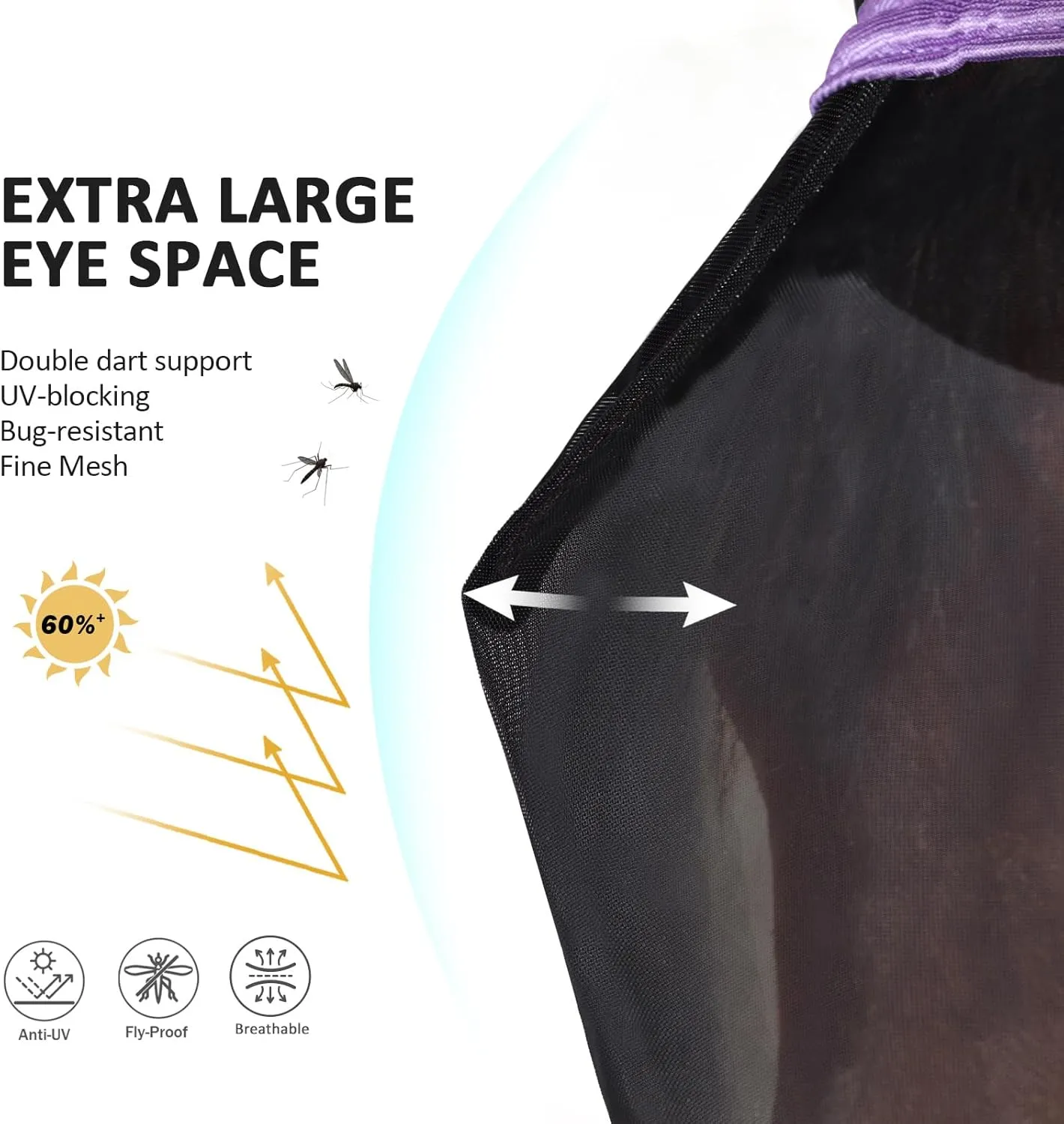 Harrison Howard Pro Luminous Horse Full Face Fly Mask Large Eye Space Long Nose with Ears UV Protection for Horse Gentle Lavendar M