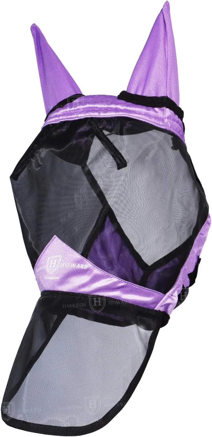 Harrison Howard Pro Luminous Horse Full Face Fly Mask Large Eye Space Long Nose with Ears UV Protection for Horse Gentle Lavendar M