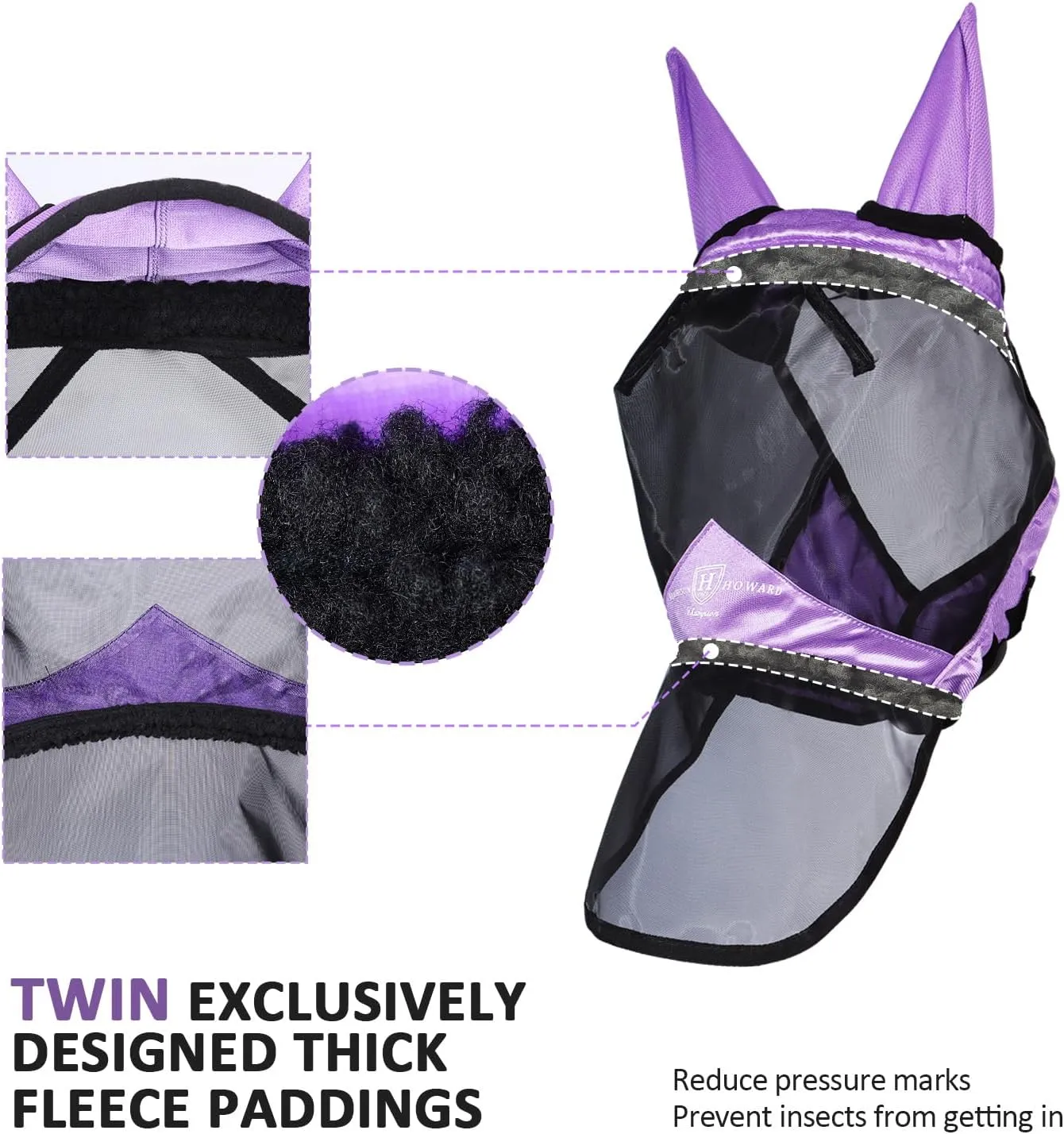 Harrison Howard Pro Luminous Horse Full Face Fly Mask Large Eye Space Long Nose with Ears UV Protection for Horse Gentle Lavendar M