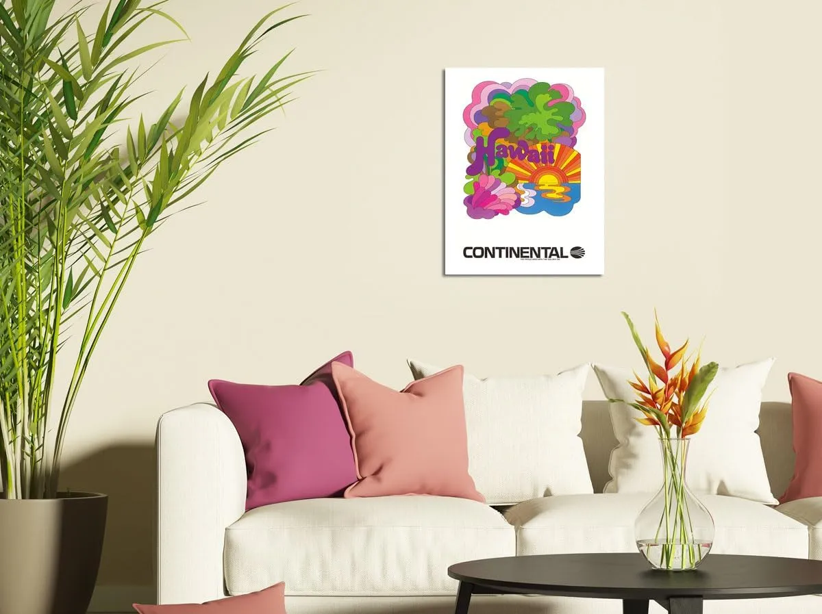 Hawaii - Continental Airlines - Psychedelic Art - Vintage Airline Travel Poster c.1960s - Fine Art Rolled Canvas Print (Unframed) 11in x 14in