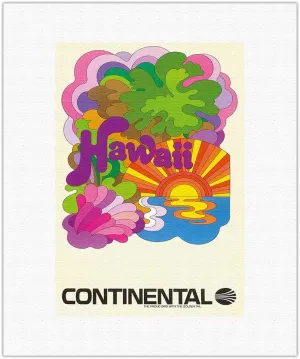 Hawaii - Continental Airlines - Psychedelic Art - Vintage Airline Travel Poster c.1960s - Fine Art Rolled Canvas Print (Unframed) 11in x 14in