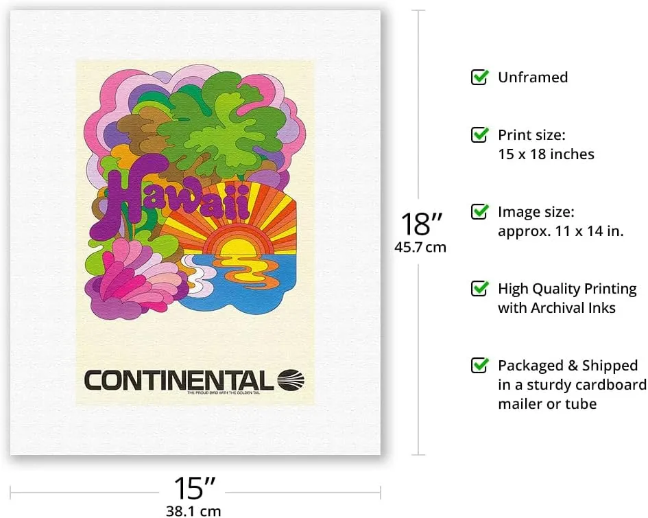 Hawaii - Continental Airlines - Psychedelic Art - Vintage Airline Travel Poster c.1960s - Fine Art Rolled Canvas Print (Unframed) 11in x 14in