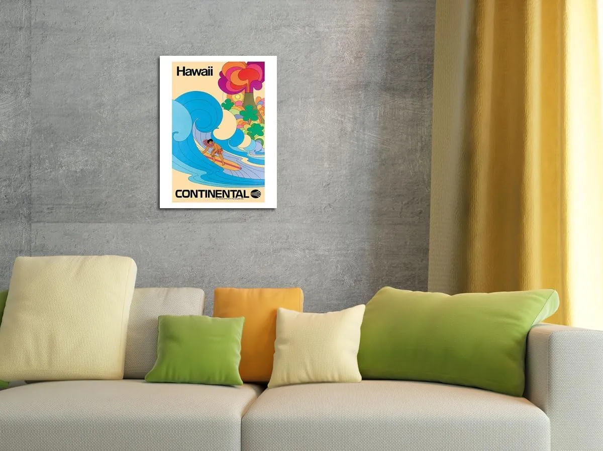Hawaii - Hawaiian Surfer - Psychedelic Flower Power Art - Continental Airlines - Vintage Airline Travel Poster c.1960s - Fine Art Rolled Canvas Print (Unframed) 20in x 26in