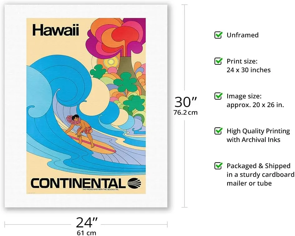 Hawaii - Hawaiian Surfer - Psychedelic Flower Power Art - Continental Airlines - Vintage Airline Travel Poster c.1960s - Fine Art Rolled Canvas Print (Unframed) 20in x 26in