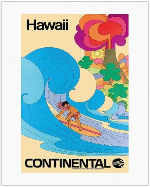 Hawaii - Hawaiian Surfer - Psychedelic Flower Power Art - Continental Airlines - Vintage Airline Travel Poster c.1960s - Fine Art Rolled Canvas Print (Unframed) 20in x 26in