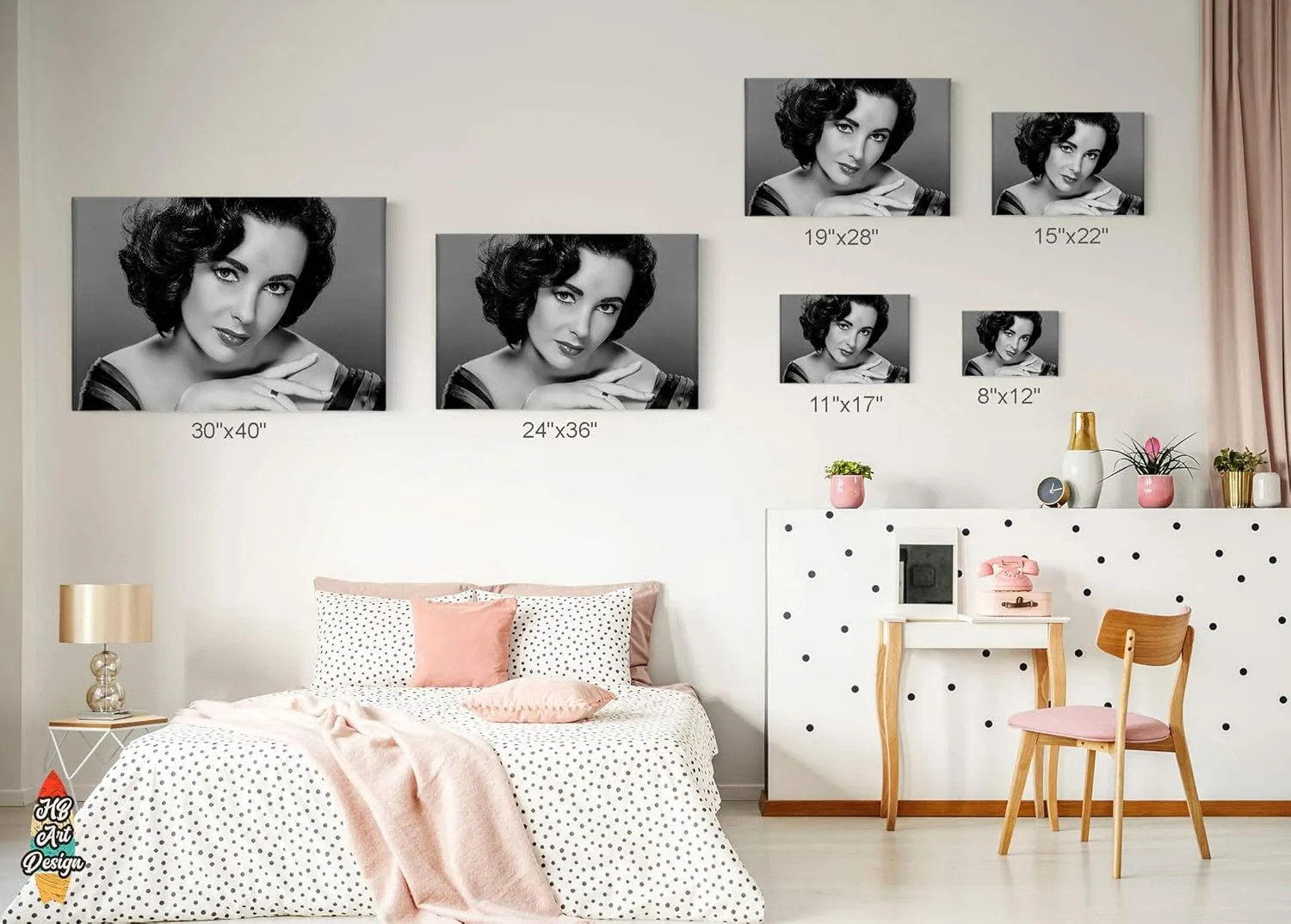 HB Art Design Iconic Actress Elizabeth Taylor Black and White Canvas Wall Art Print British American Icon Artwork Living Room Bedroom Decor Home Decor Made in USA 24x36
