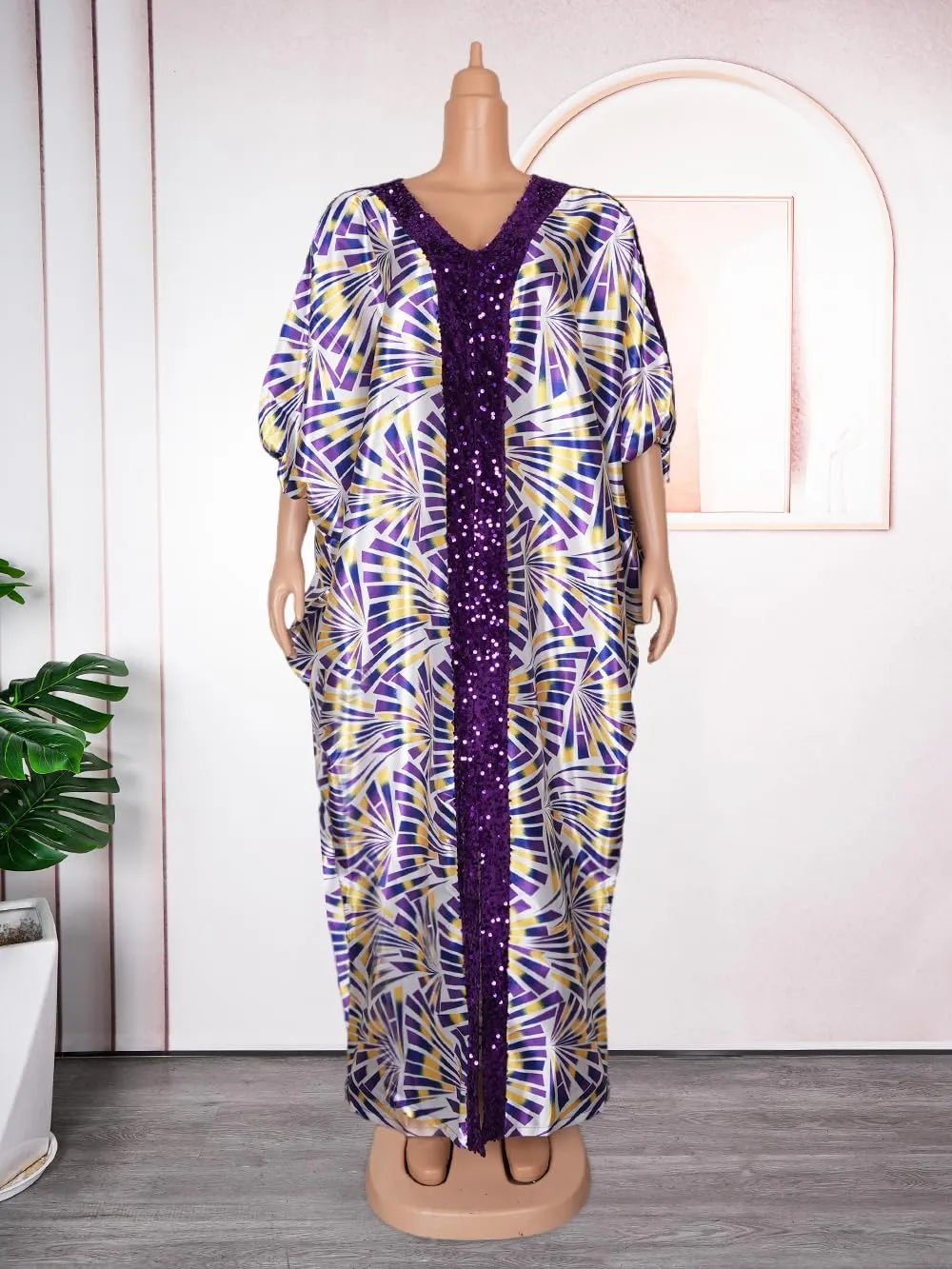 HD Women's Sequin African Bubu Dress Front Slit Stylish Plus Size Gown