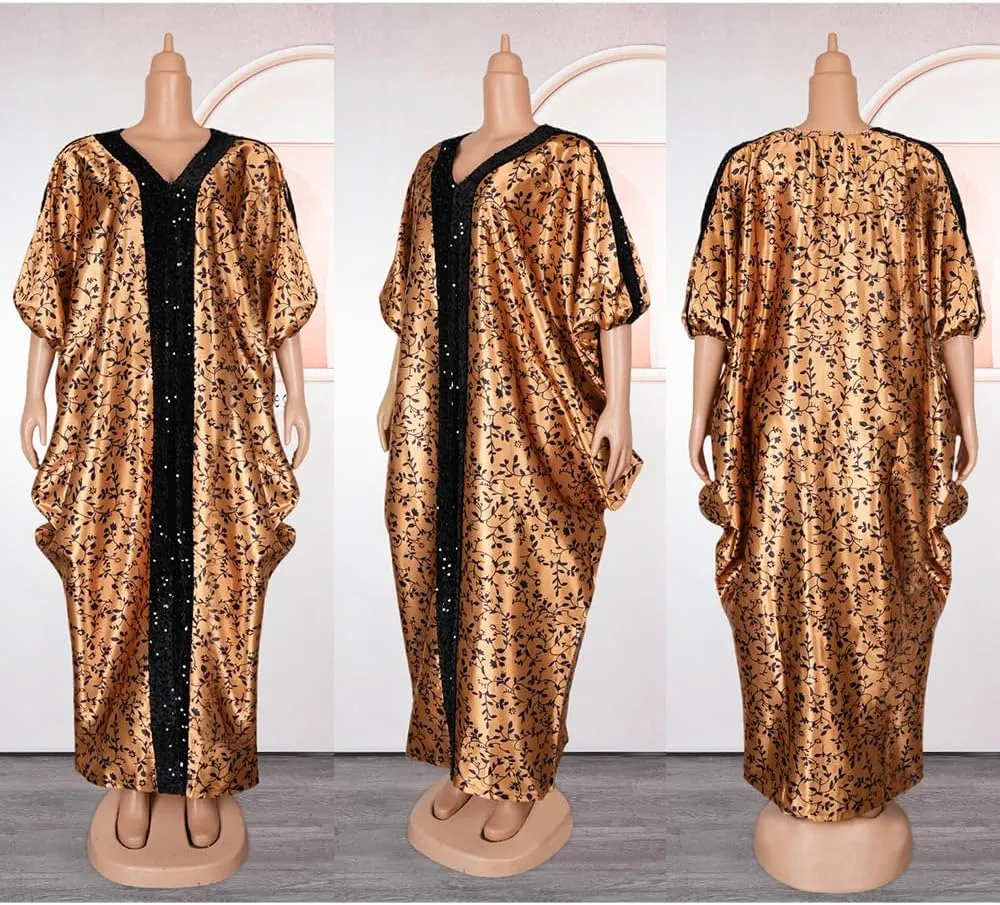 HD Women's Sequin African Bubu Dress Front Slit Stylish Plus Size Gown