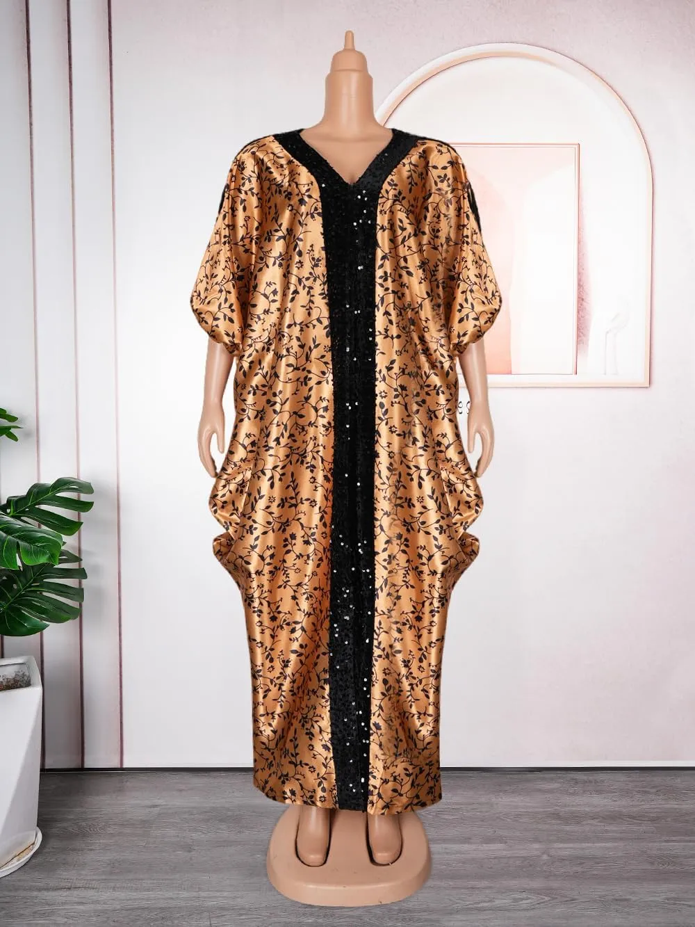 HD Women's Sequin African Bubu Dress Front Slit Stylish Plus Size Gown