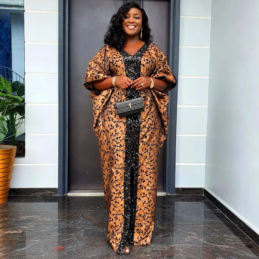 HD Women's Sequin African Bubu Dress Front Slit Stylish Plus Size Gown