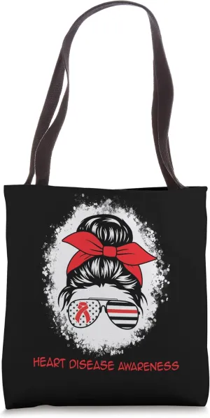Heart Disease Awareness Red Ribbon Heart Messy Bun Hairstyle Tote Bag