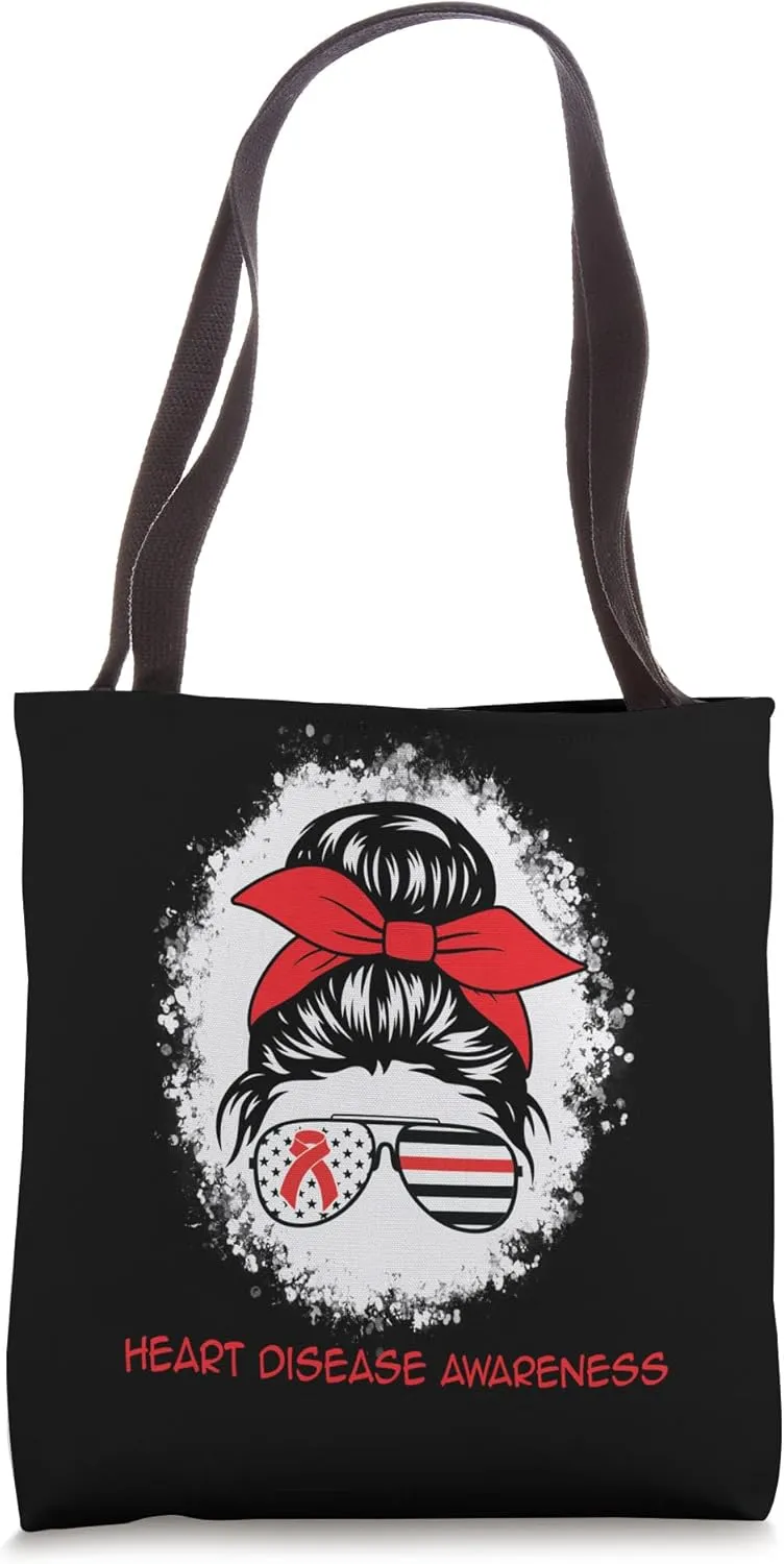 Heart Disease Awareness Red Ribbon Heart Messy Bun Hairstyle Tote Bag