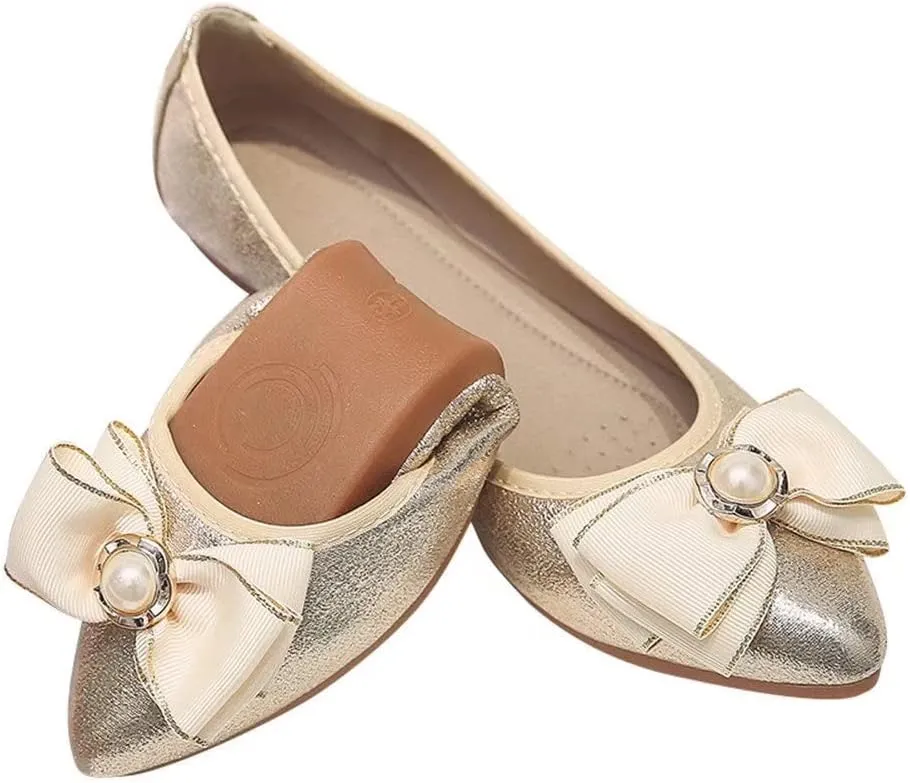 Hee grand Women Foldable Ballet Flats Bling Rhinestones Soft Leather Pointy Toe Flats Sparkle Wedding Dress Shoes Comfort Slip on Loafers Big Size
