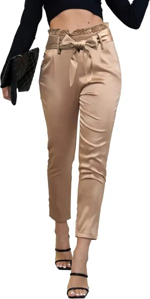 heipeiwa Womens Satin Pants Casual Dress High Waist Bow-Knot Cropped Paper Bag Pants