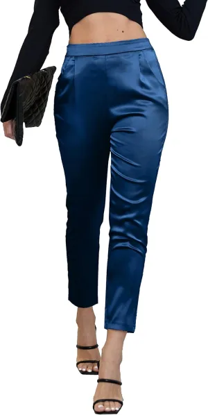 heipeiwa Women's Satin Pants Dress Casual Pleated Pull on High Waist Pants with Pockets