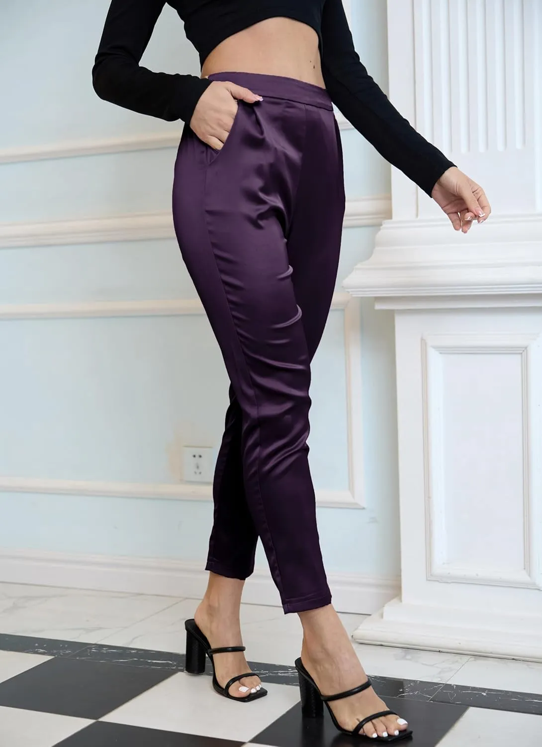 heipeiwa Women's Satin Pants Dress Casual Pleated Pull on High Waist Pants with Pockets
