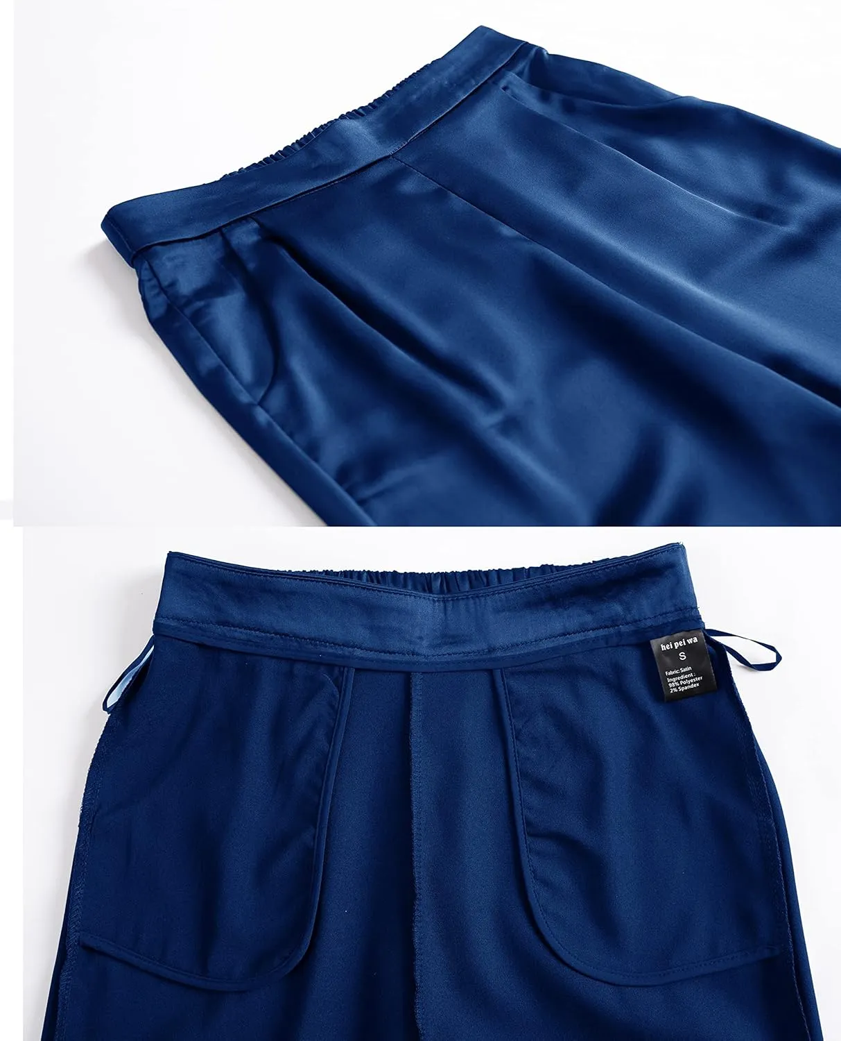 heipeiwa Women's Satin Pants Dress Casual Pleated Pull on High Waist Pants with Pockets