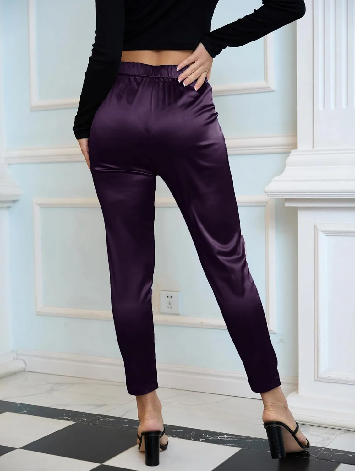 heipeiwa Women's Satin Pants Dress Casual Pleated Pull on High Waist Pants with Pockets