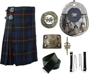 Heritage Scottish Kilt Set Gunn Modern Kilt Welsh Dragon Head Sporran, Chain, Belt, Buckle, Brooch & Pin