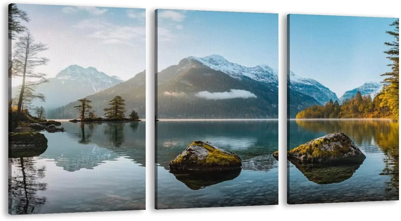 HGWAPONSATR Large Canvas Wall Art Fisherboat sunrise autumn alpine lake Hintersee Alps Artwork for Walls 24x36 inches 3 pieces Home Decor Aesthetic Pictures for Home Living Room Dining Room