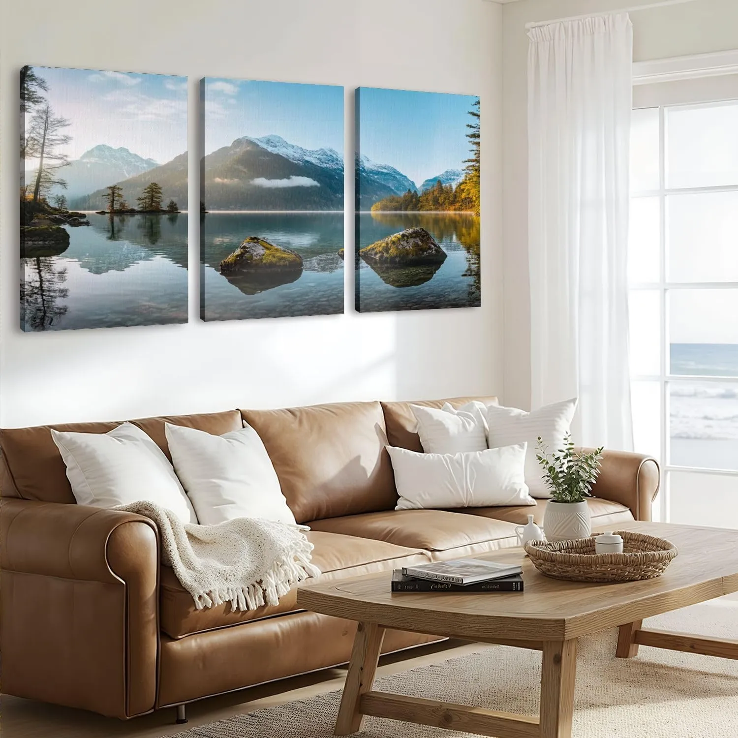 HGWAPONSATR Large Canvas Wall Art Fisherboat sunrise autumn alpine lake Hintersee Alps Artwork for Walls 24x36 inches 3 pieces Home Decor Aesthetic Pictures for Home Living Room Dining Room