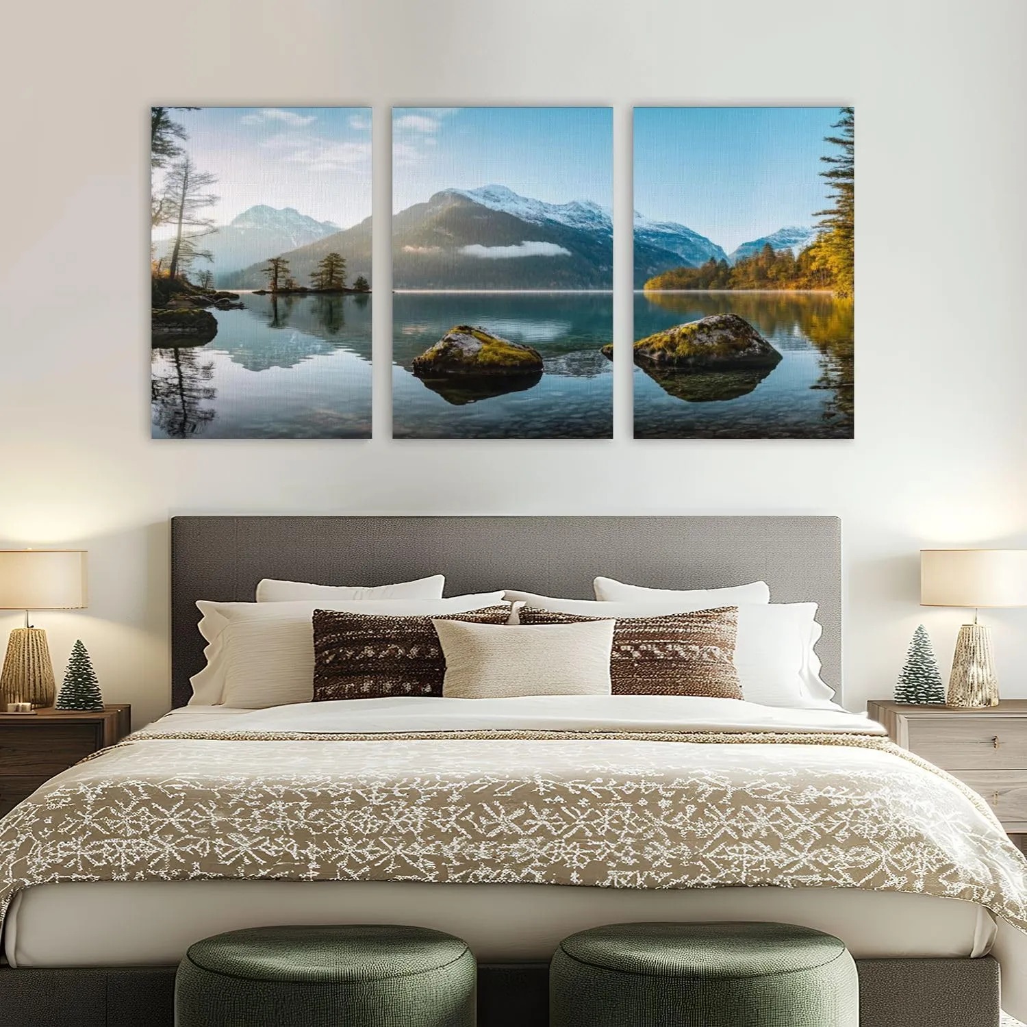 HGWAPONSATR Large Canvas Wall Art Fisherboat sunrise autumn alpine lake Hintersee Alps Artwork for Walls 24x36 inches 3 pieces Home Decor Aesthetic Pictures for Home Living Room Dining Room