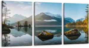HGWAPONSATR Large Canvas Wall Art Fisherboat sunrise autumn alpine lake Hintersee Alps Artwork for Walls 24x36 inches 3 pieces Home Decor Aesthetic Pictures for Home Living Room Dining Room