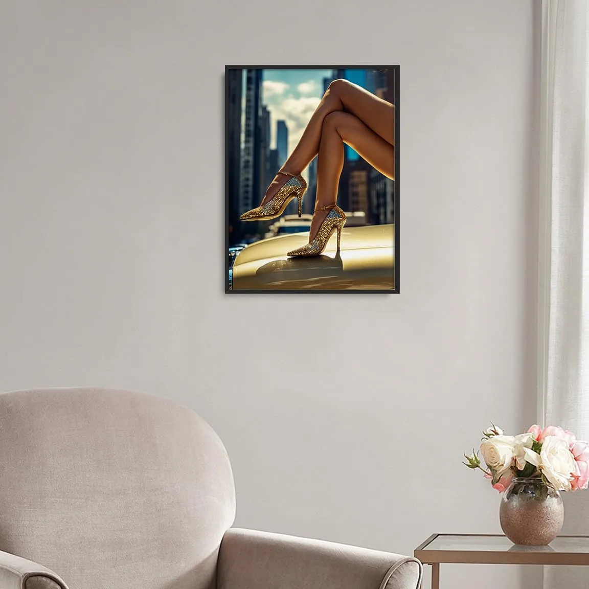 High Heels in Classic Car NYC Canvas Wall Art Black and White Fashion Photography Print Posters for Stylish Preppy Bedroom Closet Apartment New York Fashion Decor 11x14in Black aluminum frame