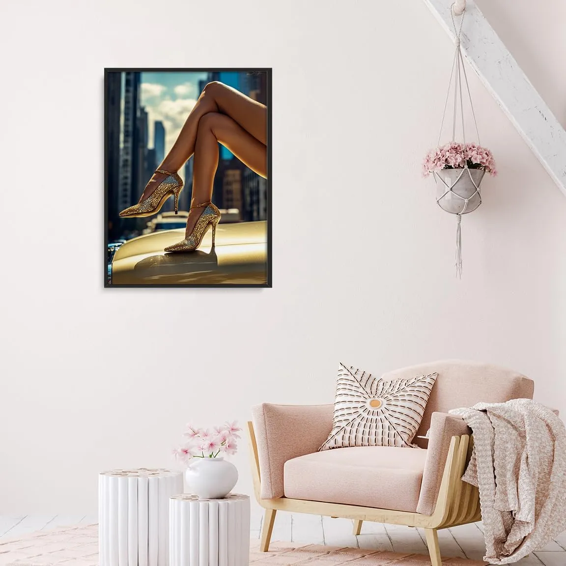 High Heels in Classic Car NYC Canvas Wall Art Black and White Fashion Photography Print Posters for Stylish Preppy Bedroom Closet Apartment New York Fashion Decor 11x14in Black aluminum frame