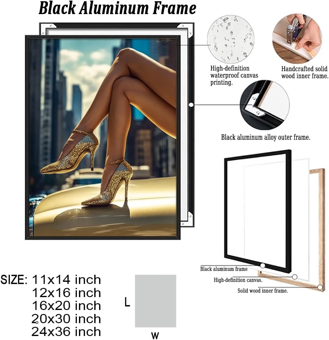 High Heels in Classic Car NYC Canvas Wall Art Black and White Fashion Photography Print Posters for Stylish Preppy Bedroom Closet Apartment New York Fashion Decor 11x14in Black aluminum frame