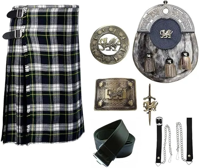 Highland Heritage Kilt Set Dress Gordan Kilt with Welsh Dragon Head Sporran, Chain, Belt, Buckle, Brooch & Pin