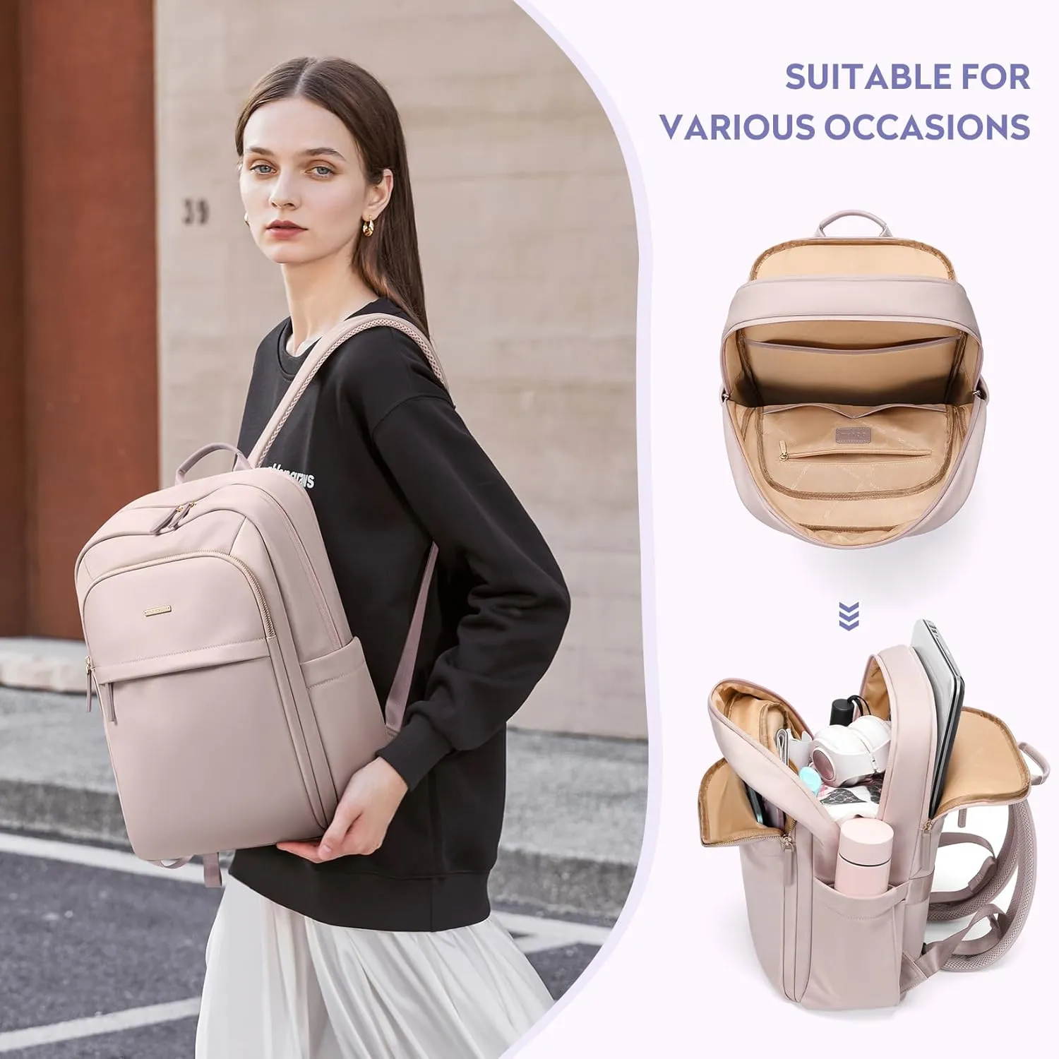 Hiking Travel Backpack for Women Casual Business Weekender Multilayer Laptop Bag,16 Inch,Pink