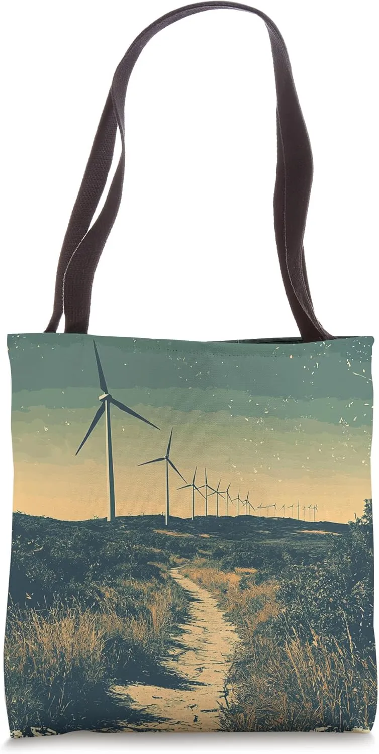 Hill With Wind Turbines Vintage Landscape Graphic Tote Bag
