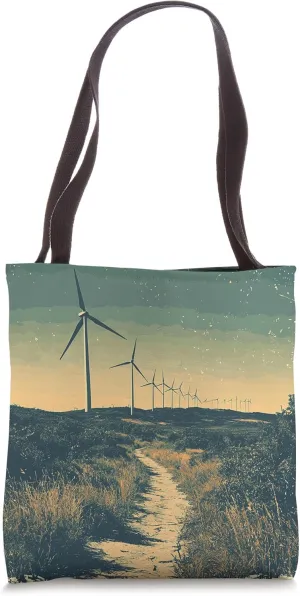 Hill With Wind Turbines Vintage Landscape Graphic Tote Bag
